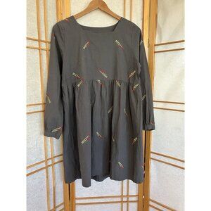 Womens Gray Embroidered Floral Baby Doll Midi Dress, Medium, Olive Company,